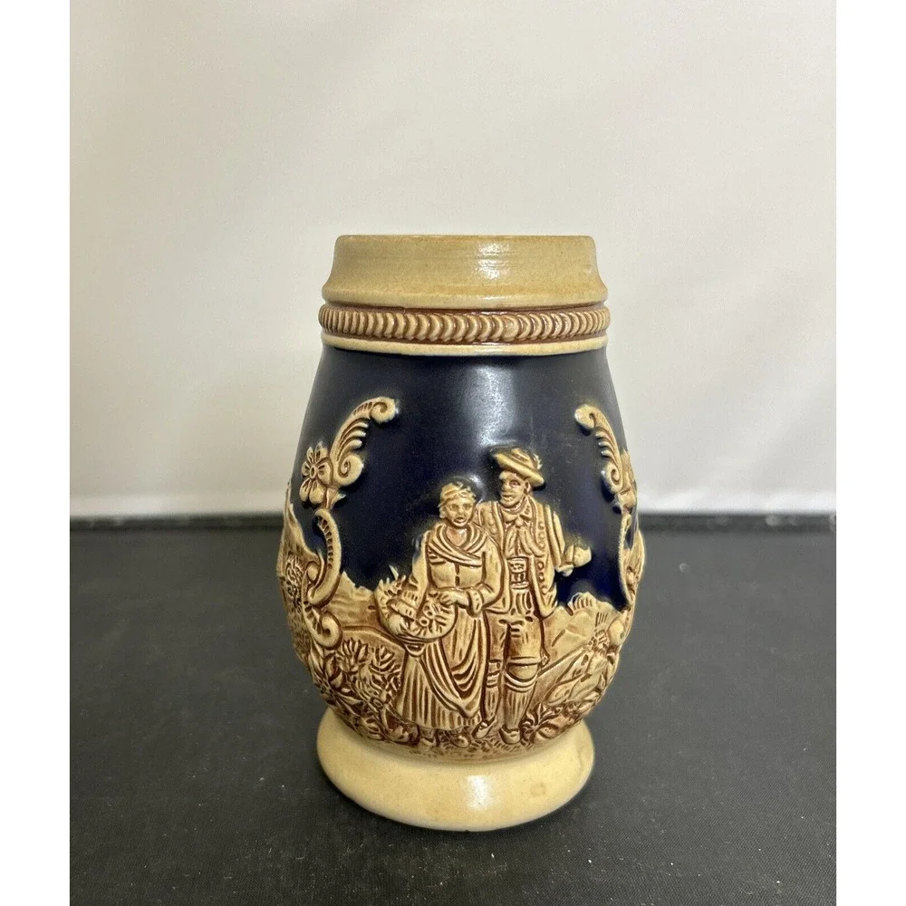 Vintage West Germany Beer Stein Mug Gerz No Lid Stoneware Blue & Tan FS Charity